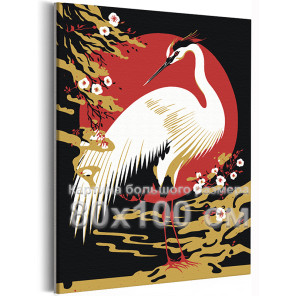 Журавль на фоне красного солнца Птицы Япония Рассвет Природа 80х100 Раскраска картина по номерам на холсте
