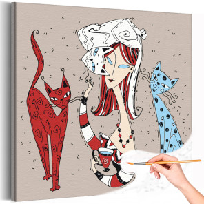 Девушка с котами Чаепитие Раскраска картина по номерам на холсте