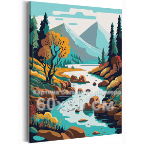Осень в низовье гор Пейзаж Природа Лес Река 60х80 Раскраска картина по номерам на холсте