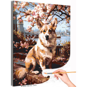 Корги и цветущее дерево Животные Собака Городской пейзаж Лето Раскраска картина по номерам на холсте