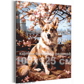 Корги и цветущее дерево Животные Собака Городской пейзаж Лето 100х125 Раскраска картина по номерам на холсте