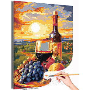 Вино и фрукты на фоне заката Натюрморт Бокал Лето Романтика Италия Для кухни Интерьерная Раскраска картина по номерам на холсте