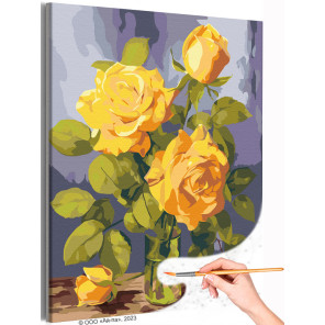 Желтые розы на столе Натюрморт Цветы в вазе Букет Маме Интерьерная Раскраска картина по номерам на холсте