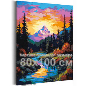 Эверест на закате Горы Природа Пейзаж Лес Река Лето 80х100 Раскраска картина по номерам на холсте