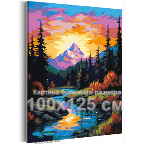 Эверест на закате Горы Природа Пейзаж Лес Река Лето 100х125 Раскраска картина по номерам на холсте