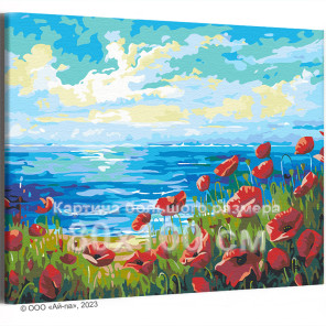 Красные цветы на берегу моря Маки Морской Пейзаж Природа Лето 80х100 Раскраска картина по номерам на холсте