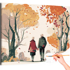 Влюбленная пара в парке Любовь Романтика Люди Осень Природа Пейзаж Раскраска картина по номерам на холсте