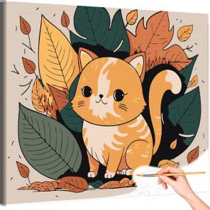 Рыжий котик в листьях Раскраска картина по номерам на холсте