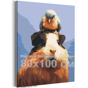 Морская свинка с птичкой на голове Животные Птицы Смешная 80х100 Раскраска картина по номерам на холсте