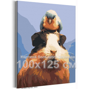Морская свинка с птичкой на голове Животные Птицы Смешная 100х125 Раскраска картина по номерам на холсте