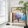 Сирень на окне и морской пейзаж Натюрморт Цветы Букет в вазе Лето Интерьерная 100х125 Раскраска картина по номерам на холсте
