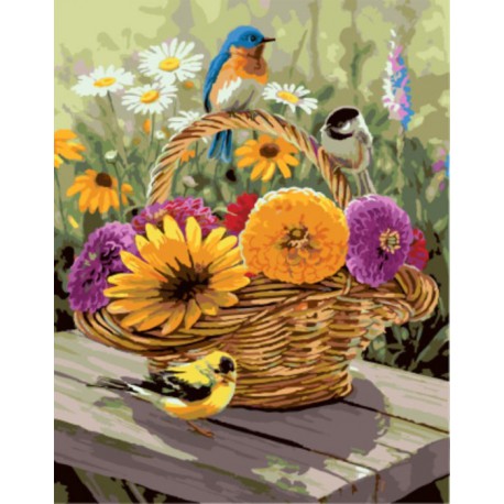 Птички на корзинке Раскраска картина по номерам акриловыми красками на холсте | Картина по номерам купить