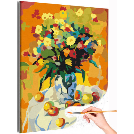 Ваза с яркими цветами и яблоки Абстракция Букет Натюрморт Интерьерная Лето Раскраска картина по номерам на холсте