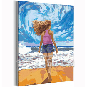 Девушка на фоне моря и неба Морской пейзаж Пляж Океан Люди Женщина 100х150 Раскраска картина по номерам на холсте