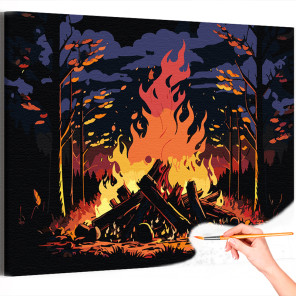 Костер в лесу Природа Ночь Огонь Раскраска картина по номерам на холсте
