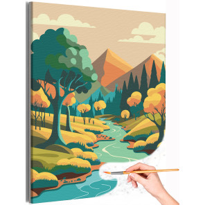 Река в долине гор Пейзаж Природа Осень Лес Раскраска картина по номерам на холсте