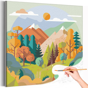 Осенние деревья в горах Природа Пейзаж Рассвет Для детей Детские Легкая Яркая Раскраска картина по номерам на холсте