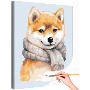 Сиба-ину в шарфе Животные Собака Щенок Зима Раскраска картина по номерам на холсте