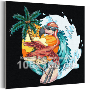 Фламинго серфингист на море Сердце Птицы Лето Океан Пляж Пальмы 100х100 Раскраска картина по номерам на холсте