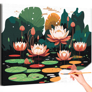Лотосы в озере Цветы Природа Лилии Вода Лето Раскраска картина по номерам на холсте