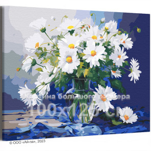 Букет ромашек на голубом фоне Цветы Букет в вазе Лето Интерьерная 100х125 Раскраска картина по номерам на холсте