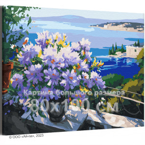 Ваза с цветами на фоне морского пейзажа Букет Природа Греция Лето 80х100 Раскраска картина по номерам на холсте