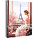 Девушка с розами на фоне Эйфелевой башни Париж Люди Городской пейзаж Весна Розовая 100х125 Раскраска картина по номерам на холсте