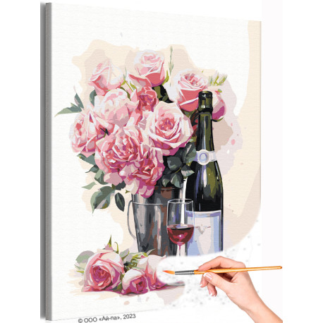  Розы и игристое вино Цветы Натюрморт Букет Романтика Для кухни Раскраска картина по номерам на холсте AAAA-NK535