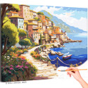 Дома на берегу моря Италия Город Пейзаж Лодка Океан Раскраска картина по номерам на холсте