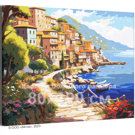 Дома на берегу моря Италия Город Пейзаж Лодка Океан 80х100 Раскраска картина по номерам на холсте