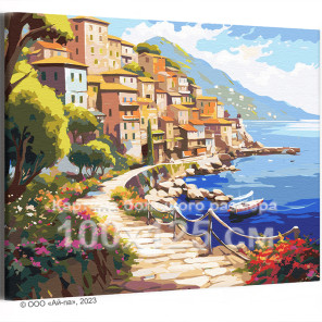 Дома на берегу моря Италия Город Пейзаж Лодка Океан 100х125 Раскраска картина по номерам на холсте