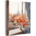 Розы на окне в Париже Цветы Букет Городской пейзаж Эйфелева башня Романтика 80х100 Раскраска картина по номерам на холсте