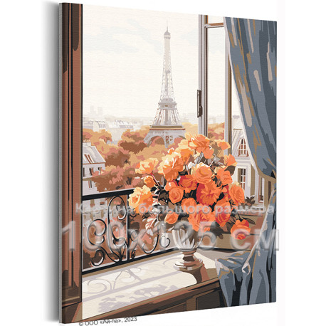 Розы на окне в Париже Цветы Букет Городской пейзаж Эйфелева башня Романтика 100х125 Раскраска картина по номерам на холсте