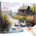 Пара маленьких лебедей в пруду у дома Птицы Любовь Природа Пейзаж Деревня Раскраска картина по номерам на холсте