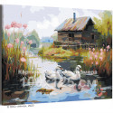 Пара маленьких лебедей в пруду у дома Птицы Любовь Природа Пейзаж Деревня 100х125 Раскраска картина по номерам на холсте