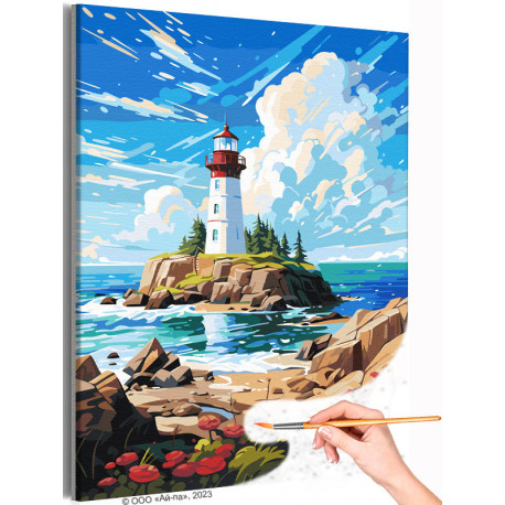 Пейзаж с маяком и цветами Раскраска картина по номерам на холсте
