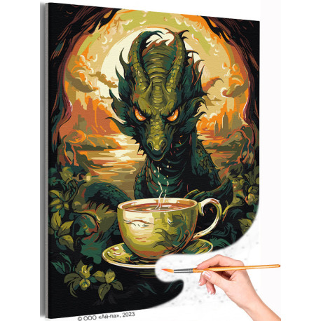 Зеленый дракон с чашкой Животные Раскраска картина по номерам на холсте