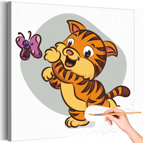 1 Маленький тигр и бабочка Животные Для детей Детская Для девочек Для мальчика Легкая Раскраска картина по номерам на холсте