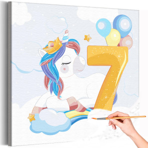 1 Радужный единорог с цифрой семь Коллекция Сute unicorn Праздник Для девочек Детские Для детей Небо Раскраска картина по номера
