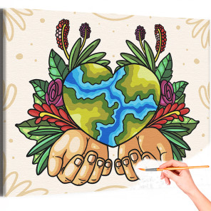 1 Руки и планета сердце Цветы Природа Раскраска картина по номерам на холсте