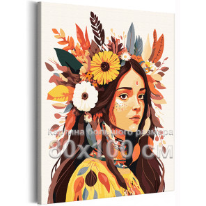 Девушка с цветами и листьями Портрет Женщина Осень Люди 80х100 Раскраска картина по номерам на холсте