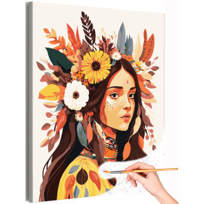 1 Девушка с цветами и листьями Портрет Женщина Осень Люди Раскраска картина по номерам на холсте