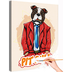 1 Питбуль в красном костюме Пес Собака Животные Раскраска картина по номерам на холсте