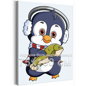 Пингвин с рыбой Животные Для детей Детская Для девочек Для мальчика Легкая 75х100 Раскраска картина по номерам на холсте