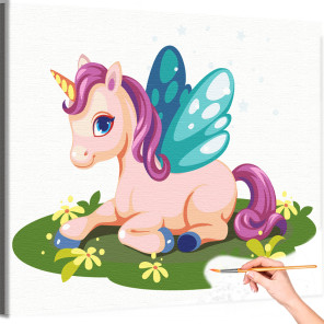 1 Розовый единорог с волшебными крыльями Животные Лошадь Мультики Для детей Детская Для девочек Легкая Раскраска картина по номе