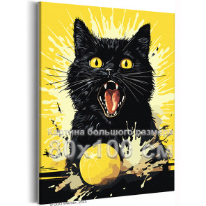 Черный кот с апельсином Животные Кошки Котята Мем Яркая Смешная Интерьерная 80х100 Раскраска картина по номерам на холсте