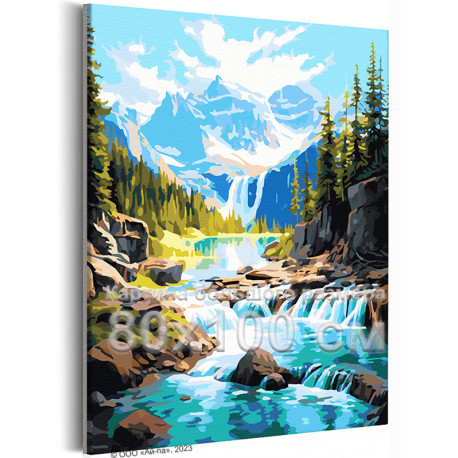 Горы и водопад Природа Пейзаж Река Лето Интерьерная 80х100 Раскраска картина по номерам на холсте