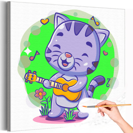1 Котенок с гитарой Животные Кошки Коты Музыка Для детей Детская Для девочек Для мальчика Легкая Раскраска картина по номерам на
