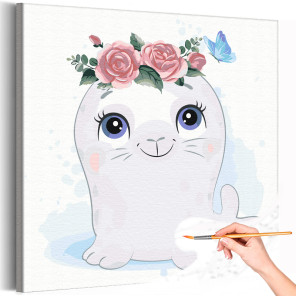 1 Тюлень с розой и бабочкой Коллекция Cute animals Животные Цветы Для детей Детские Для девочек Для мальчиков Раскраска картина 
