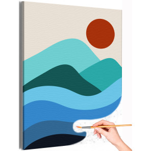 1 Солнце над волнами и горами Минимализм Природа Море Океан Пейзаж Для триптиха Стильная Раскраска картина по номерам на холсте